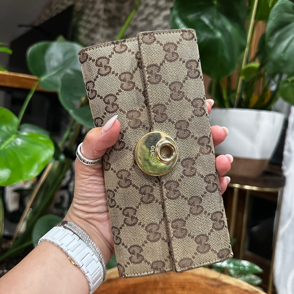 Gucci Brown GG Supreme Canvas Wallet with Gold-Tone Snap Vintage - Picture 4 of 12